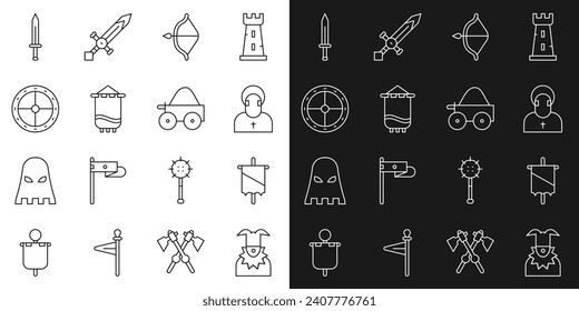 Fijar la línea Cabezal Joker, bandera medieval, Monje, arco y flecha, Escudo de madera redonda, espada y icono de carreta de cuatro ruedas de madera. Vector