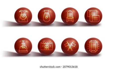 Set line Joker head, Sword in the stone, Decree, parchment, scroll, Crossed medieval flag, Medieval castle gate, Old money bag, Diamond and throne icon. Vector