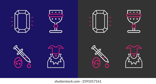 Set line Joker head, Sword with blood, Medieval goblet and Diamond icon. Vector