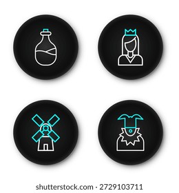 Set línea Joker cabeza, molino de viento, princesa y botella vieja de icono de vino. Vector