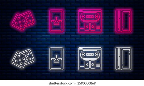 Set line Joker playing card, Online poker table game, Game dice and Deck of playing cards. Glowing neon icon on brick wall. Vector