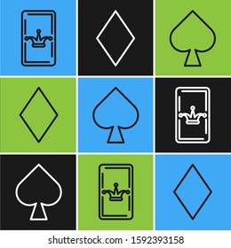 Set line Joker playing card, Playing card with spades symbol and Playing card with diamonds symbol icon. Vector