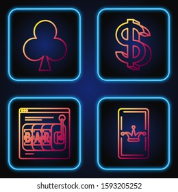 Set line Joker playing card, Online slot machine, Playing card with clubs symbol and Dollar symbol. Gradient color icons. Vector