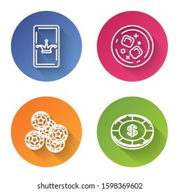 Set line Joker playing card, Glass of whiskey and ice cubes, Casino chips and Casino chip with dollar symbol. Color circle button. Vector