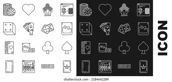 Set line Joker playing card, Playing with spades symbol, Glass of whiskey and ice cubes, Hand holding casino chips, cards, Game dice, Casino and  icon. Vector
