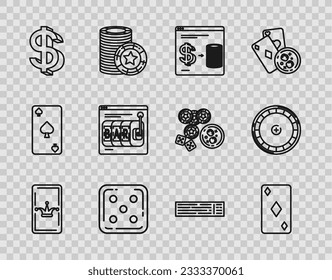 Set line Joker playing card, Playing with diamonds symbol, Online casino chips exchange stacks of dollars, Game dice, Dollar, slot machine, Deck cards and Casino roulette wheel icon. Vector