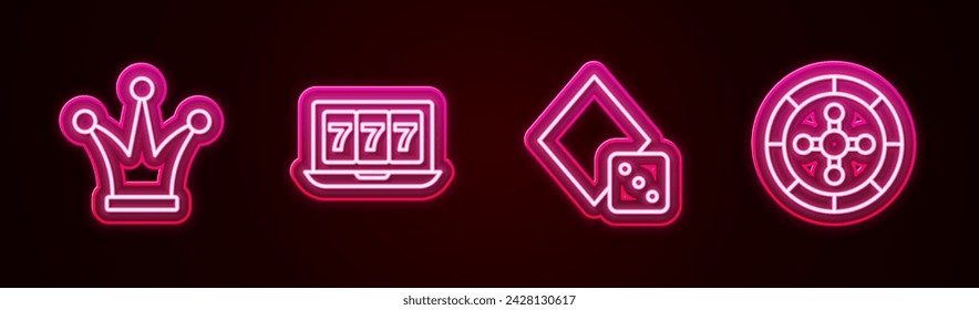 Set line Joker playing card, Online slot machine with jackpot, Game dice and Casino roulette wheel. Glowing neon icon. Vector