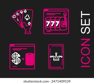 Set line Joker playing card, Online casino chips exchange on stacks of dollars, slot machine with lucky sevens jackpot and Hand holding cards icon. Vector