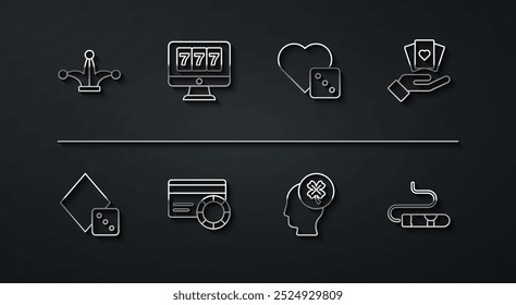 Set line Joker tarjeta de juego, dados de juego, mano de tarjetas de mano, máquina tragamonedas de casino con trébol, crédito, bote en línea, cigarro e icono. Vector