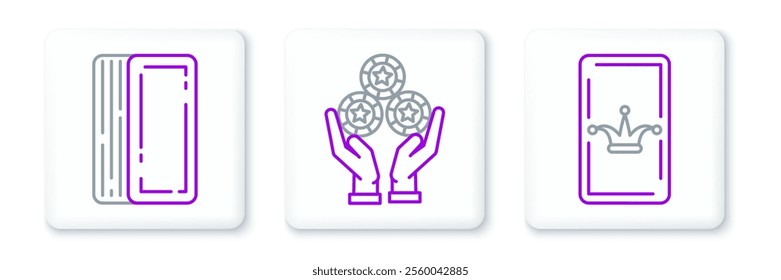 Set line Joker playing card, Deck of cards and Hand holding casino chips icon. Vector