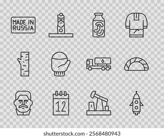 Set line Joseph Stalin, Rocket ship, Pickled cucumbers jar, Calendar 12 june, Made Russia, Christmas mitten, Oil pump or pump jack and Dumpling icon. Vector