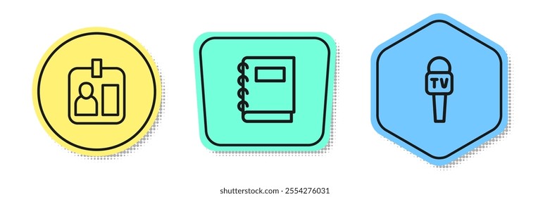 Set line Journalist id card, Notebook and Microphone. Colored shapes. Vector