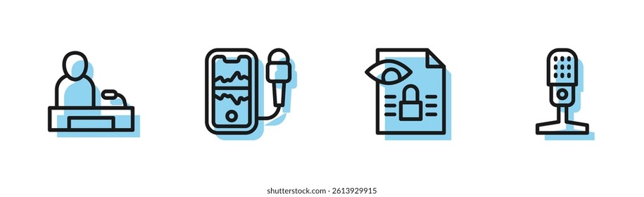 Set line Journalistic investigation, Television report, Mobile recording and Microphone icon. Vector