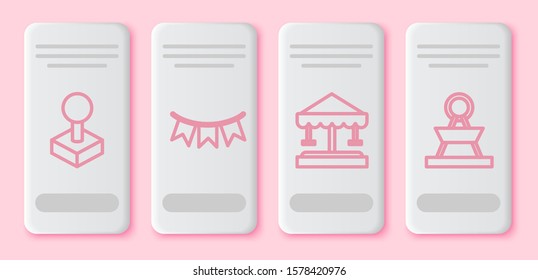 Set line Joystick for arcade machine, Carnival garland with flags, Attraction carousel and Attraction carousel. White rectangle button. Vector