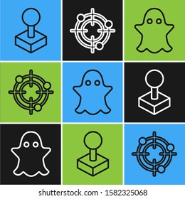 Set line Joystick for arcade machine, Ghost and Target sport for shooting competition icon. Vector