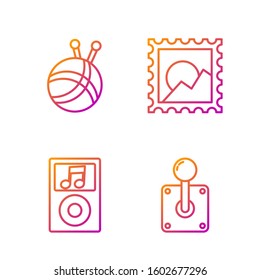 Set line Joystick for arcade machine, Music player, Yarn ball with knitting needles and Picture landscape. Gradient color icons. Vector