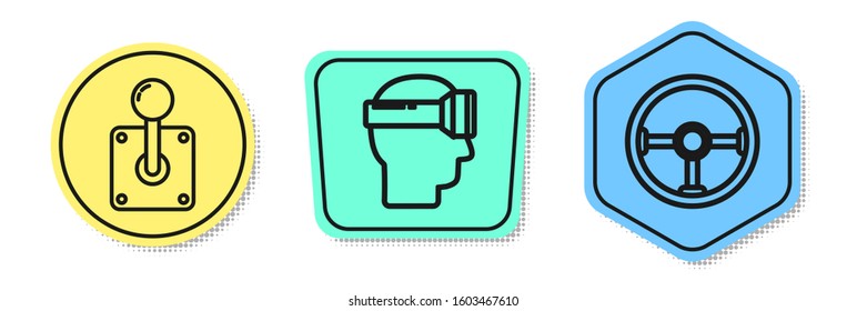 Set line Joystick for arcade machine, Virtual reality glasses and Steering wheel. Colored shapes. Vector