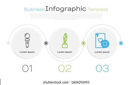 Set line Joystick for arcade machine, Feather and inkwell and Casino chip and playing cards. Business infographic template. Vector