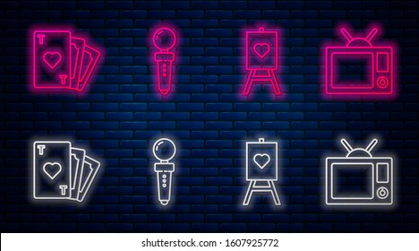 Set line Joystick for arcade machine, Wood easel or painting art boards, Playing card with heart symbol and Television. Glowing neon icon on brick wall. Vector