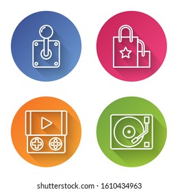 Set line Joystick for arcade machine, Paper shopping bag, Portable video game console and Vinyl player with a vinyl disk. Color circle button. Vector