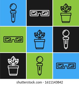 Set line Joystick for arcade machine, Flowers in pot and 3D cinema glasses icon. Vector
