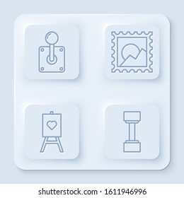 Set line Joystick for arcade machine, Picture landscape, Wood easel or painting art boards and Dumbbell. White square button. Vector