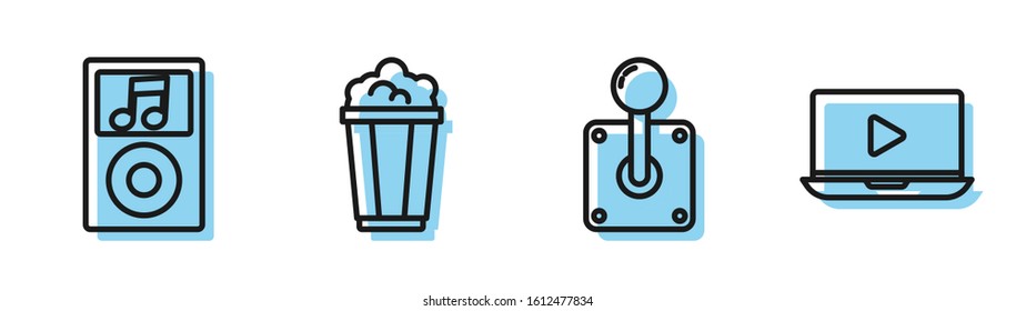 Set line Joystick for arcade machine, Music player, Popcorn in cardboard box and Online play video icon. Vector