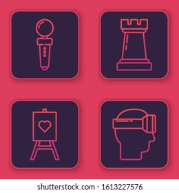 Set line Joystick for arcade machine, Wood easel or painting art boards, Chess symbol and Virtual reality glasses. Blue square button. Vector