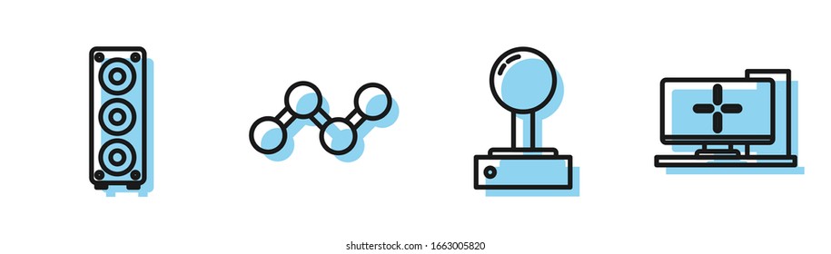 Set line Joystick for arcade machine, Stereo speaker, Share and Computer monitor icon. Vector