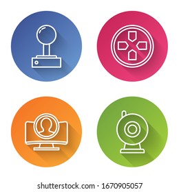 Set line Joystick for arcade machine, Gamepad, Create account screen and Web camera. Color circle button. Vector