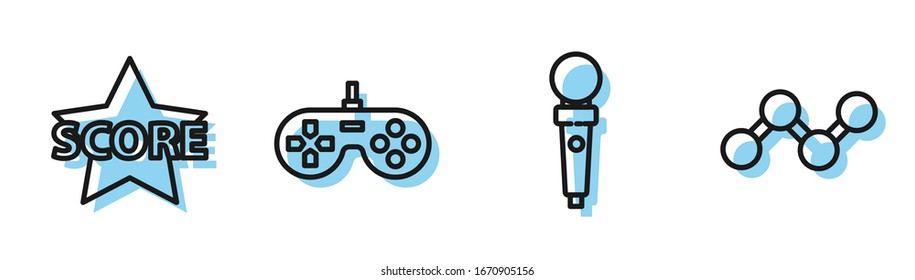 Set line Joystick for arcade machine, Star, Gamepad and Share icon. Vector