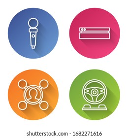 Set line Joystick for arcade machine, Video game console, Share and Racing simulator cockpit. Color circle button. Vector