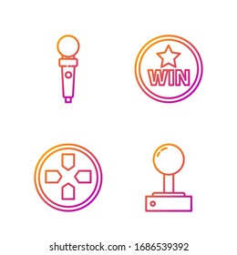 Ajuste el Joystick de línea para máquina de arcade, Gamepad, Joystick para máquina de arcade y Medal. Iconos de color degradado. Vector