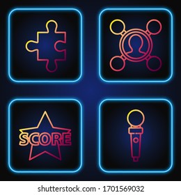 Ajusta la línea Joystick para la máquina de arcade, Star, Pieza de puzzle y Compartir. Iconos de color degradado. Vector