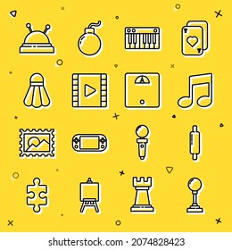Ajuste la línea Joystick para máquina de arcade, pin Rolling, Music note, tone, sintetizador, Play Video, Badminton shuttlecock, Needle bed and agujas e icono de báscula de baño. Vector