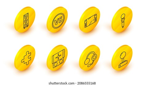 Set line Joystick for arcade machine, Headphones, Portable video game console, Piece of puzzle, VS Versus battle and Stereo speaker icon. Vector