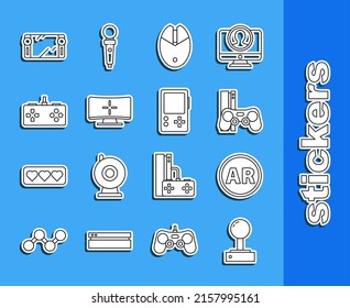 Set line Joystick for arcade machine, Ar, augmented reality, Game console with joystick, Computer mouse gaming, monitor, Gamepad, Portable video game and  icon. Vector