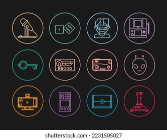 Set line Joystick for arcade machine, Alien, Virtual reality glasses, Create account screen, Ancient key game, Microphone, Mobile and playing and Game dice icon. Vector