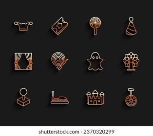 Set line Joystick for arcade machine, Bumper car, Jester hat with bells, Castle, Unicycle one wheel bicycle, Classic dart board and arrow, Ferris and Ghost icon. Vector
