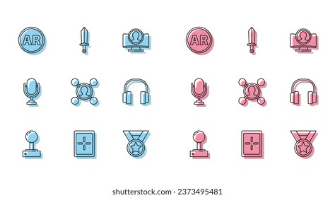 Set line Joystick for arcade machine, Tablet, Ar, augmented reality, Medal, Share, Headphones, Microphone and Sword game icon. Vector