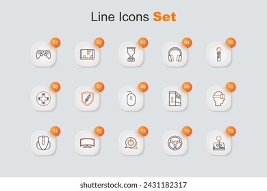 Juego de línea Joystick para máquina arcade, simulador de carreras, botón de encendido, monitor de computadora, ratón, gafas de realidad virtual, caja de computadora e icono. Vector