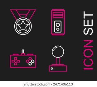 Set line Joystick for arcade machine, Gamepad, Computer and Medal icon. Vector