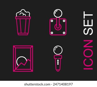 Set line Joystick for arcade machine, Picture landscape,  and Popcorn cardboard box icon. Vector