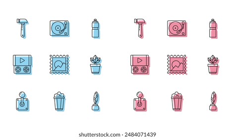 Set line Joystick for arcade machine, Popcorn cardboard box, Hammer, Feather and inkwell, Picture landscape, Flowers pot, Portable video game console and Vinyl player with vinyl disk icon. Vector