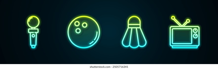 Set line Joystick for arcade machine, Bowling ball, Badminton shuttlecock and Retro tv. Glowing neon icon. Vector