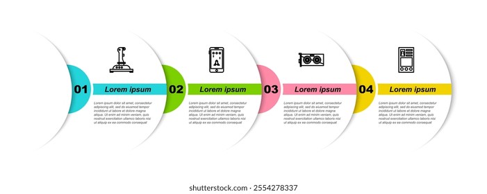 Set line Joystick for arcade machine, Mobile and playing game, Video graphic card and Create account screen. Business infographic template. Vector