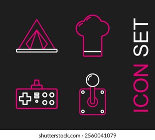 Set line Joystick for arcade machine, Gamepad, Chef hat and Tourist tent icon. Vector