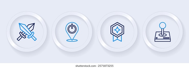 Set line Joystick for arcade machine, Game rating with medal, Power button and Sword game icon. Vector