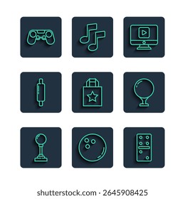 Set linha Joystick para arcade máquina, Boliches bola, Domino, Online jogar vídeo, Saco de compras de papel, Rolando, Gamepad e Golf no ícone de T. Vetor