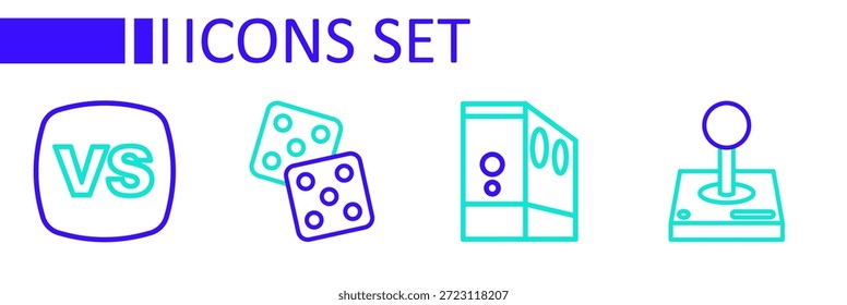 Set line Joystick for arcade machine, Case of computer, Game dice and VS Versus battle icon. Vector